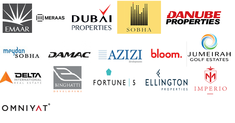 Emaar, Meeras, Damac, Danube, Ellington, Nshama, Sobha, Vincetore, Dubai Properties (DP), Azizi, Bloom, Delta, Binghatti, Jumeirah Golf Estates, Arada, Aldar, Wasl, Nakheel